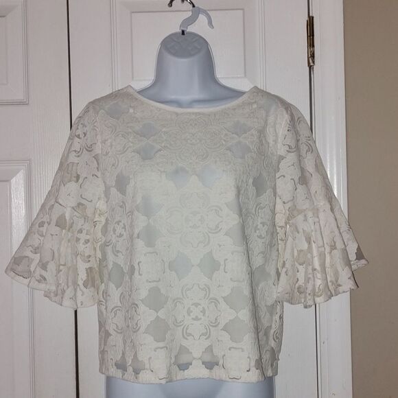 Kaari Blue off white lace top  bell sleeves  Sz S - Picture 1 of 5